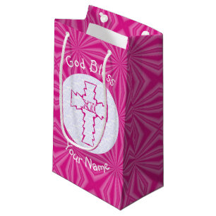 Sacola Para Presentes Pequena Cruz Cristã Rosa Zigue-Zague em Nome Rosa Branco