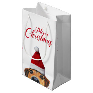 Sacola Para Presentes Pequena Curioso Cachorro Engraçado com Papai Noel