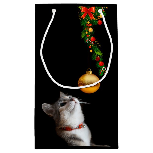 Sacola Para Presentes Pequena Curioso gatinho de Natal (Verso)