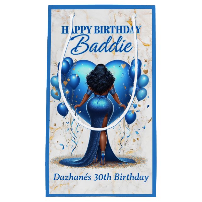 Sacola Para Presentes Pequena Curvy African American Woman Blue Birthday Baddie (Frente)