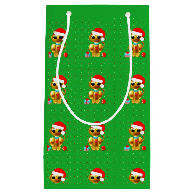Sacola Para Presentes Pequena Cute Golden Christmas Cats (Frente)