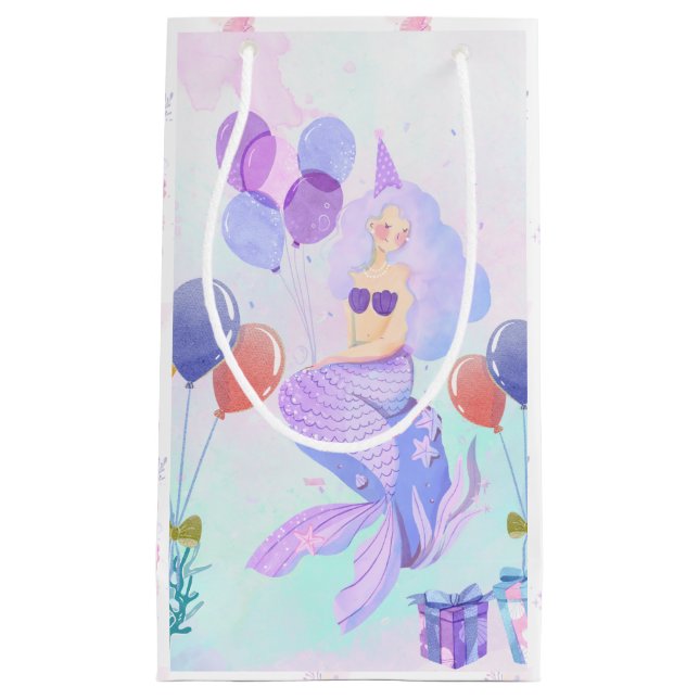 Sacola Para Presentes Pequena Cute Mermaid Birthday Party (Frente)