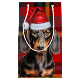 Sacola Para Presentes Pequena Dachshund de Pelo Liso Vermelho Xadrez de Natal