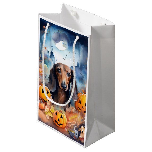 Sacola Para Presentes Pequena Dachshund Halloween Com Pumpkins Assustado (Frente inclinada)