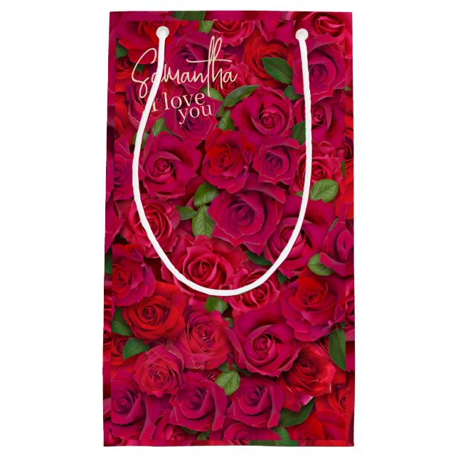 Sacola Para Presentes Pequena Deep Red Rose Pattern I Love You With Custom Name (Frente)