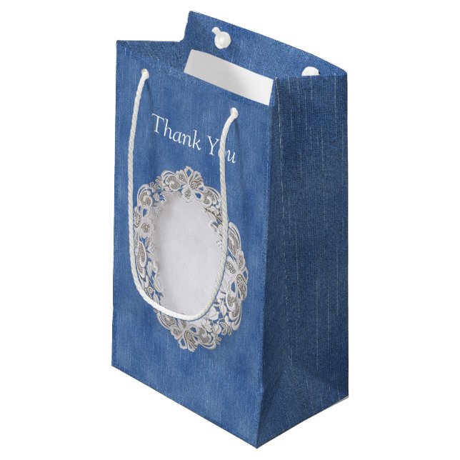Sacola Para Presentes Pequena Denim Jean faz bolsos e Lace (Frente inclinada)