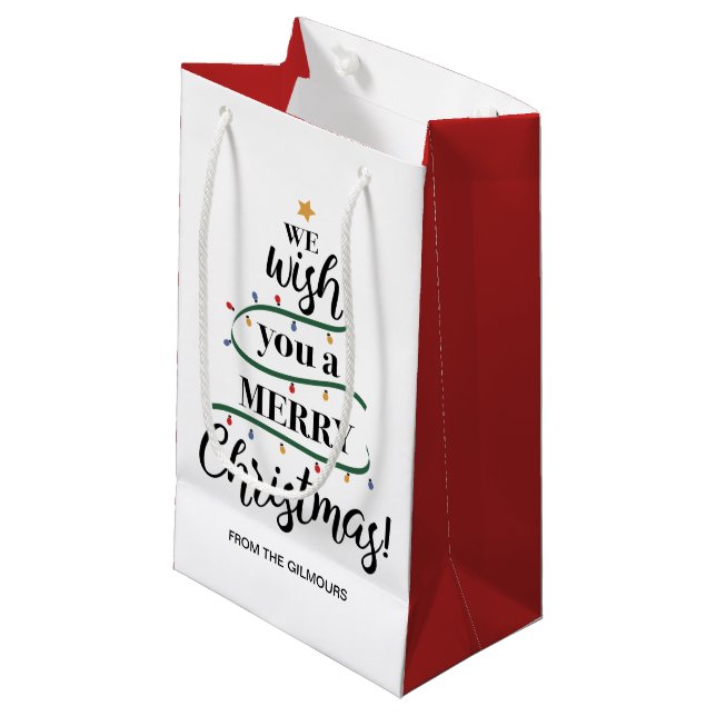 Sacola Para Presentes Pequena Desejamos-lhe um Feliz Natal Personalizado (Frente inclinada)