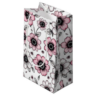 Sacola Para Presentes Pequena Desenho de esboço de flores e folhas cor-de-rosa