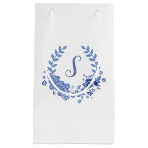 Sacola Para Presentes Pequena Design azul do monograma do chique