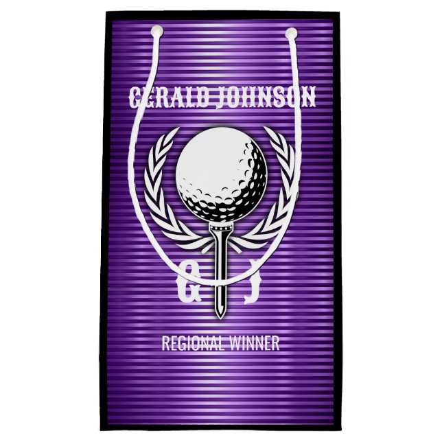 Sacola Para Presentes Pequena Design de Monograma de Golfe com Linhas Roxas Metá (Frente)