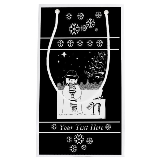 Sacola Para Presentes Pequena design festivo branco e preto de bonitinho de neve (Frente)