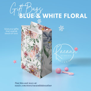 Sacola Para Presentes Pequena Design Floral cor-de-rosa e azul com barra de pres