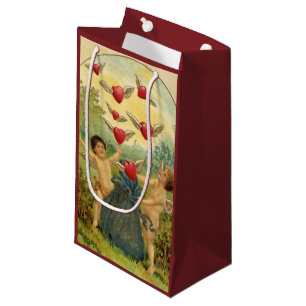 Sacola Para Presentes Pequena Dia dos Namorados Vintage, Corações de Querubins V