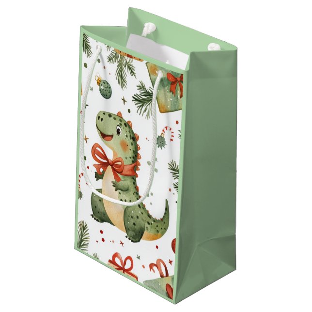 Sacola Para Presentes Pequena Dinossauro de Natal (Verso inclinado)