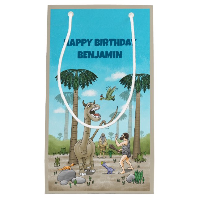 Sacola Para Presentes Pequena Dinossauros atendem à idade da pedra (Frente)