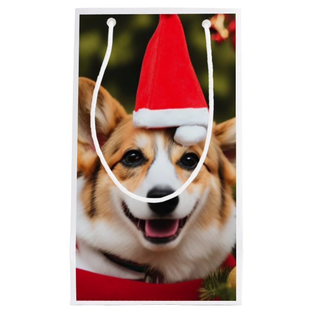 Sacola Para Presentes Pequena diversão de natal Corgi (Frente)
