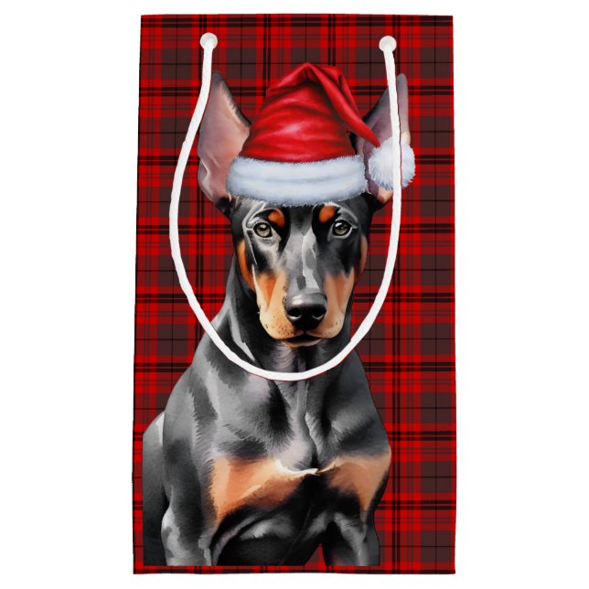 Sacola Para Presentes Pequena Doberman Pinscher Dog and Red Christmas Plaid (Frente)