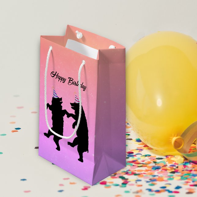 Sacola Para Presentes Pequena Dois Black Bears Party Hats Aniversário (Two happy black bears dancing wearing party hats on peach, pink purple Birthday gift bag.)