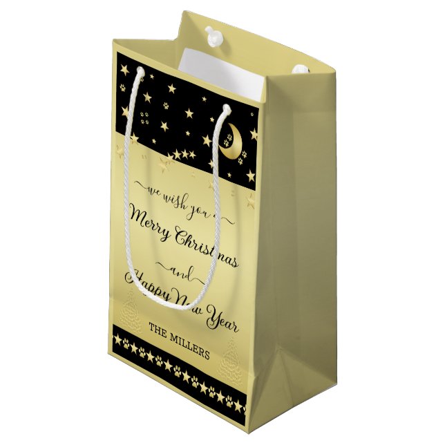 Sacola Para Presentes Pequena Douradas estrelas brilhantes de Natal, patas em ou (Frente inclinada)