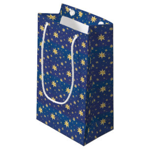 Sacola Para Presentes Pequena Douradas estrelas de Natal em azul