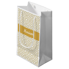 Sacola Para Presentes Pequena Dourado Amarelo Geométrico Monograma Nome Branco