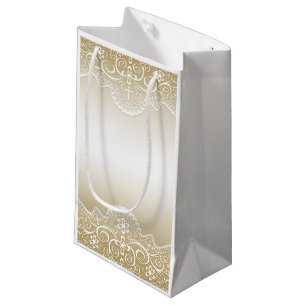 Sacola Para Presentes Pequena Dourado com renda, cruz, religioso