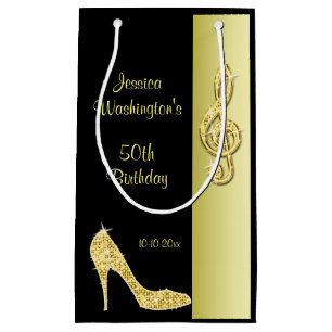 Sacola Para Presentes Pequena Dourado Stiletto e Treble Cleft 50th Festa de aniv