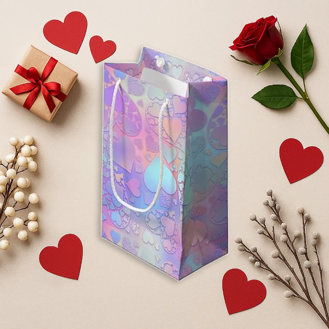 Sacola Para Presentes Pequena Dreamy Pastel Holographic Heart Cloud Pattern (Criador carregado)