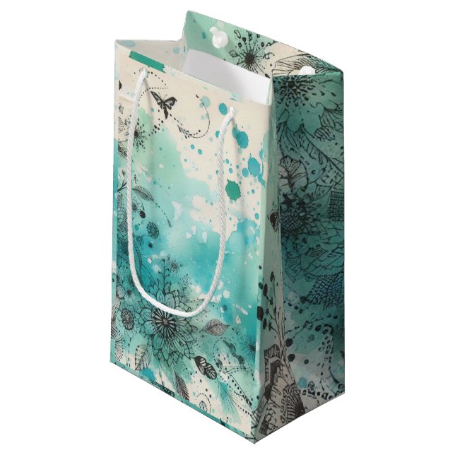 Sacola Para Presentes Pequena Efêmeras de Aquarela Turquesa (Frente inclinada)