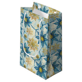 Sacola Para Presentes Pequena Elegância Congelada Floco de Neve Azul e Dourado