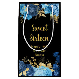 Sacola Para Presentes Pequena Elegant Blue and Gold Flowers Sweet Sixteen