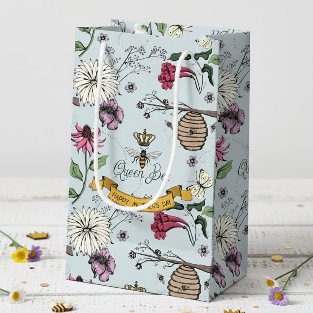 Sacola Para Presentes Pequena Elegant Floral Beehive & Flowers Blue (Feminine Queen Bee & Beehhive Floral Gift Bags for Her. Elegant Pattern with Bees, Flowers & Daisy.)
