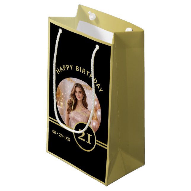 Sacola Para Presentes Pequena Elegant Gold Signature Monogram with Photo (Frente inclinada)