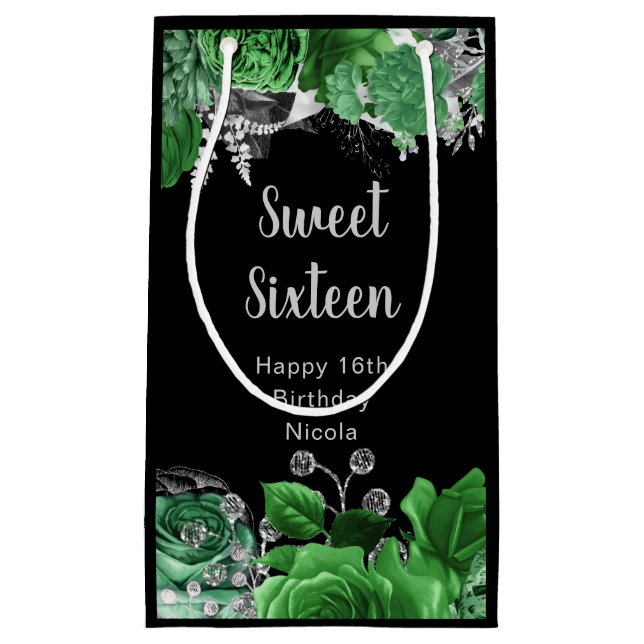 Sacola Para Presentes Pequena Elegant Green and Silver Flowers Sweet Sixteen  (Frente)