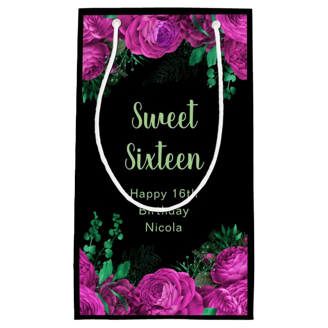 Sacola Para Presentes Pequena Elegant Hot Pink Flowers Sweet Sixteen (Frente)