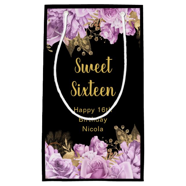 Sacola Para Presentes Pequena Elegant Lilac and Gold Flowers Sweet Sixteen (Frente)