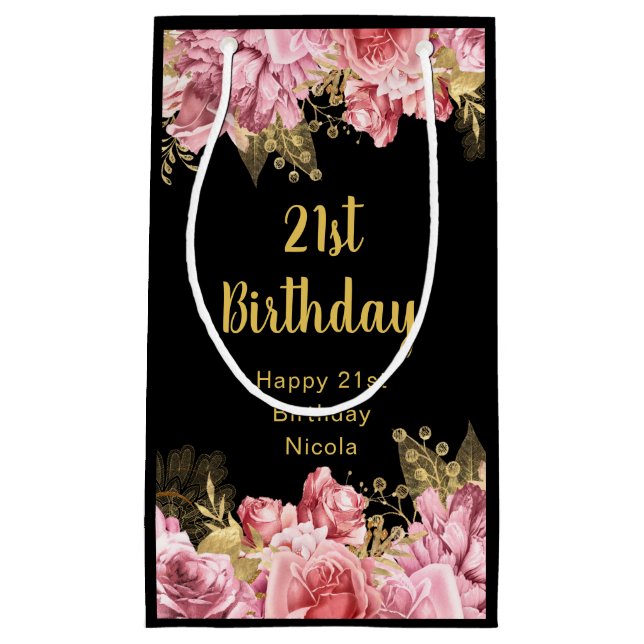 Sacola Para Presentes Pequena Elegant Pink and Gold Flowers Birthday (Frente)