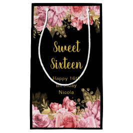Sacola Para Presentes Pequena Elegant Pink and Gold Flowers Sweet Sixteen 
