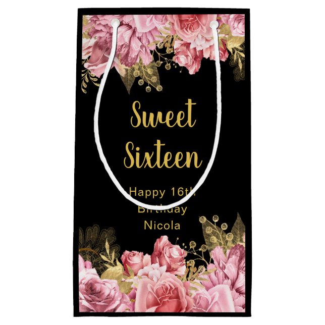 Sacola Para Presentes Pequena Elegant Pink and Gold Flowers Sweet Sixteen  (Frente)