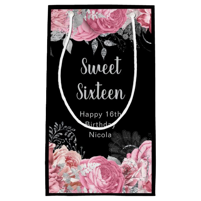 Sacola Para Presentes Pequena Elegant Pink and Silver Flowers Sweet Sixteen  (Frente)