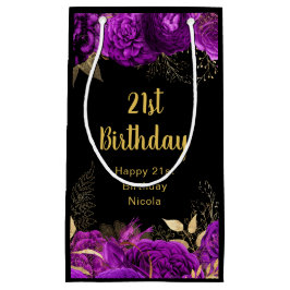 Sacola Para Presentes Pequena Elegant Purple and Gold Flowers Birthday