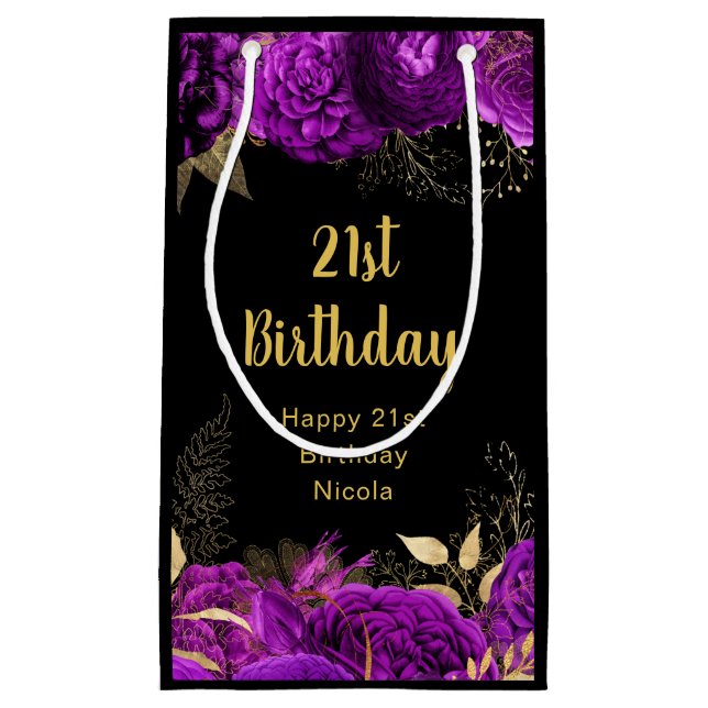 Sacola Para Presentes Pequena Elegant Purple and Gold Flowers Birthday (Frente)