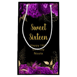 Sacola Para Presentes Pequena Elegant Purple and Gold Flowers Sweet Sixteen 