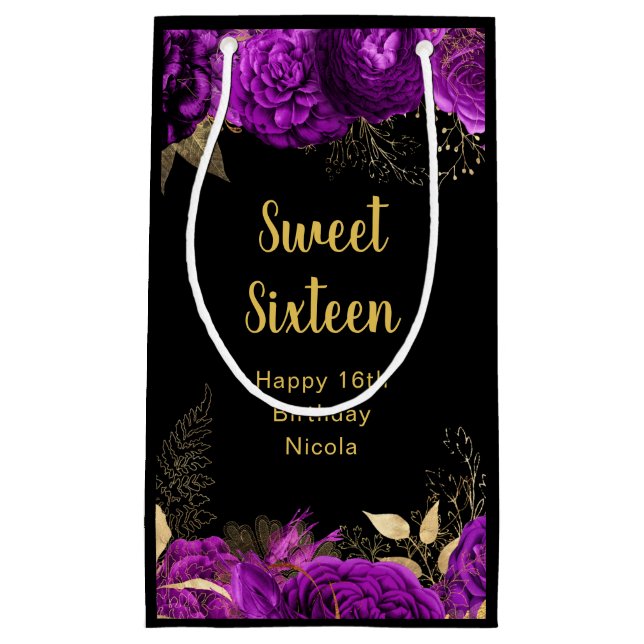 Sacola Para Presentes Pequena Elegant Purple and Gold Flowers Sweet Sixteen  (Frente)