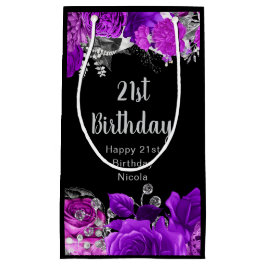 Sacola Para Presentes Pequena Elegant Purple and Silver Flowers Birthday 