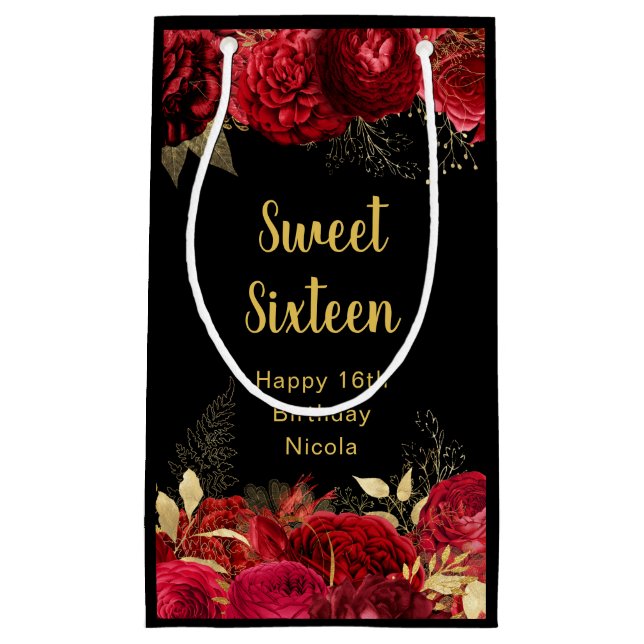 Sacola Para Presentes Pequena Elegant Red and Gold Flowers Sweet Sixteen  (Frente)