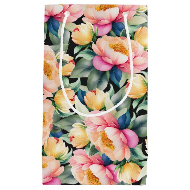 Sacola Para Presentes Pequena Elegante Aquarela Peony a Preto (Frente)