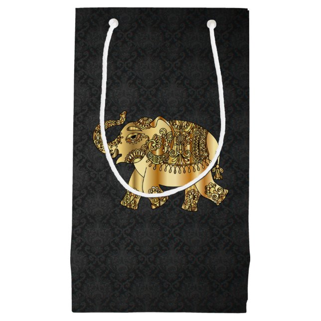 Sacola Para Presentes Pequena Elegante Dourado Paisley Floral Elephant,Black Dam (Frente)