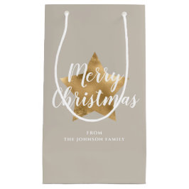 Sacola Para Presentes Pequena Elegante Taupe Dourada Star Feliz Natal