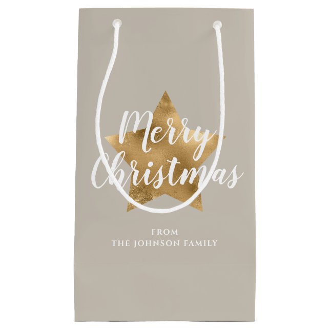 Sacola Para Presentes Pequena Elegante Taupe Dourada Star Feliz Natal (Frente)
